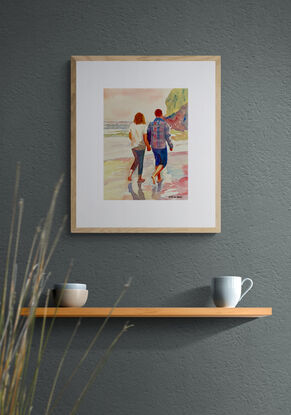 artwork which shows a couple walking companionably across the beach