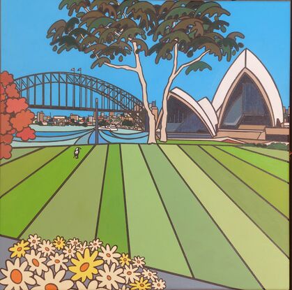 View of the botanical garden with the Opera house and harbour bridge. 