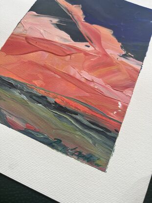 Abstract landscape sky paining, done with thick paint in reds orange pinks on blue purple green background 