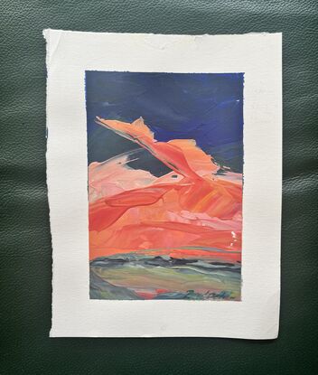 Abstract landscape sky paining, done with thick paint in reds orange pinks on blue purple green background 