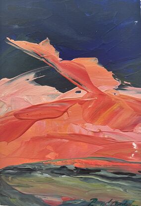 Abstract landscape sky paining, done with thick paint in reds orange pinks on blue purple green background 