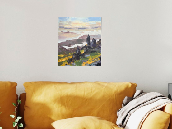 Thick pallets knife painting of old man of storr, in the isle of Skye in Scotland, distance mountains, pale sky,