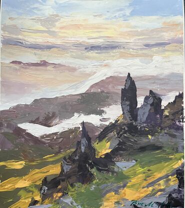 Thick pallets knife painting of old man of storr, in the isle of Skye in Scotland, distance mountains, pale sky,