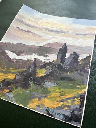 Thick pallets knife painting of old man of storr, in the isle of Skye in Scotland, distance mountains, pale sky,