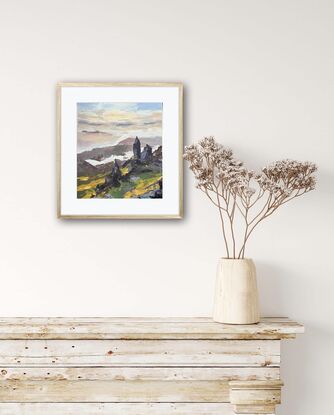 Thick pallets knife painting of old man of storr, in the isle of Skye in Scotland, distance mountains, pale sky,