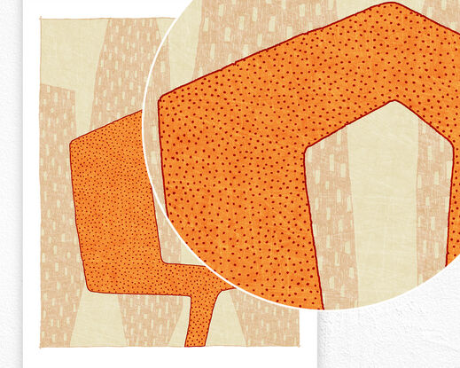 Orange patterned abstracted silhouette portrait against a beige patterned background 