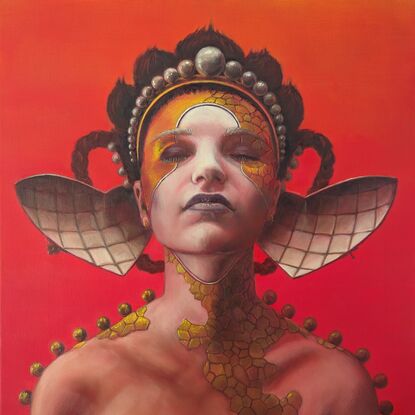 Figure decorated like a Faberge egg with gold and pearl accents, pale skin and set against a fiery orange and red backdrop. A shell-like structure opens either side of the face which is lifted slightly to the light.