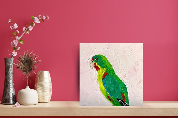 A small Swift Parrot painted in textured oils.