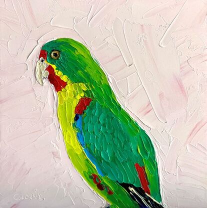 A small Swift Parrot painted in textured oils.