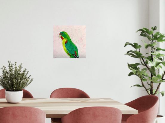 A small Swift Parrot painted in textured oils.