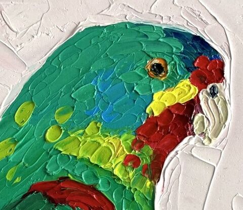 A small painting of an Australian Swift Parrot in textured oils.