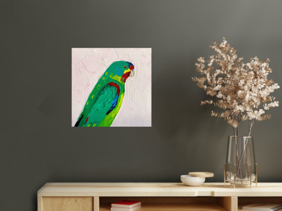 A small painting of an Australian Swift Parrot in textured oils.