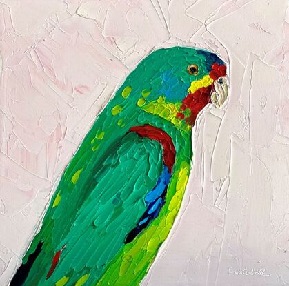 A small painting of an Australian Swift Parrot in textured oils.