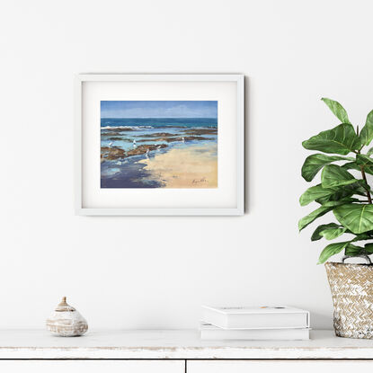 Gouache painting of Sydney coastline looking at waves gently meeting the shore at the rockpools