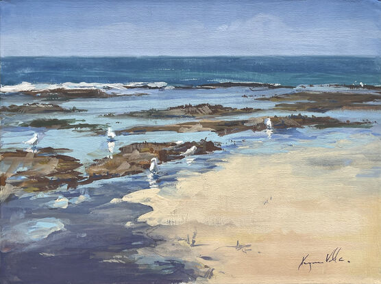 Gouache painting of Sydney coastline looking at waves gently meeting the shore at the rockpools