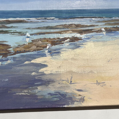 Gouache painting of Sydney coastline looking at waves gently meeting the shore at the rockpools