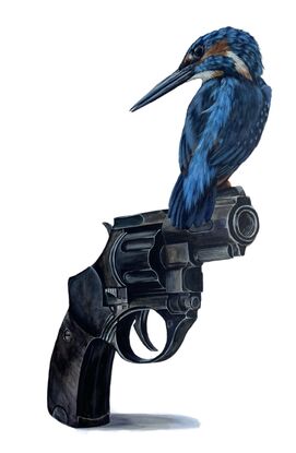 Photo realistic kingfisher bird and revolver on  white background 