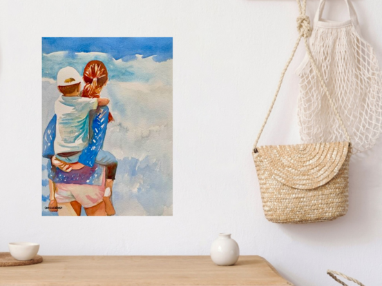 artwork which shows a mother giving her son a piggy back whilst looking out at the ocean