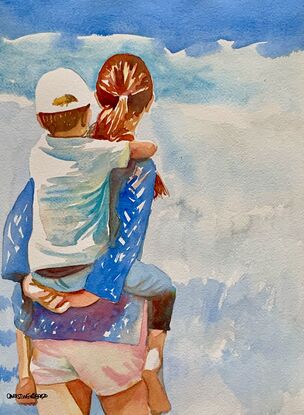 artwork which shows a mother giving her son a piggy back whilst looking out at the ocean