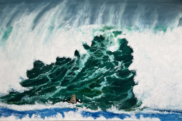 Painting of a girl paddlingf out up a huge rogue wave