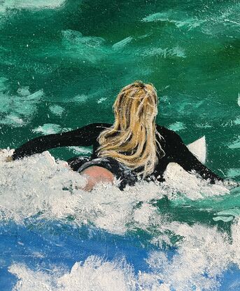 Painting of a girl paddlingf out up a huge rogue wave