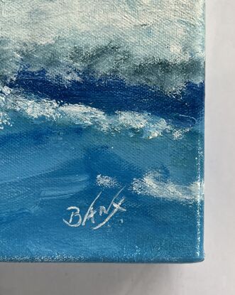 Painting of a girl paddlingf out up a huge rogue wave