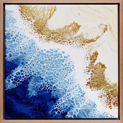 Small framed canvas with impressionistic ocean aerial view.