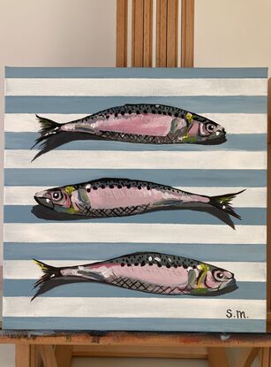 Three sardines on French blue linen striped background