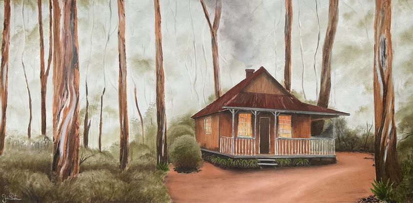 Australian misty forest and wooden cabin