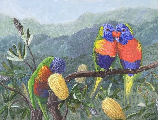 This is a vibrant piece which captures the colours of the Lorikeets. They are offset on a soft background of native  bush. 