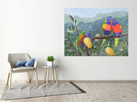 This is a vibrant piece which captures the colours of the Lorikeets. They are offset on a soft background of native  bush. 