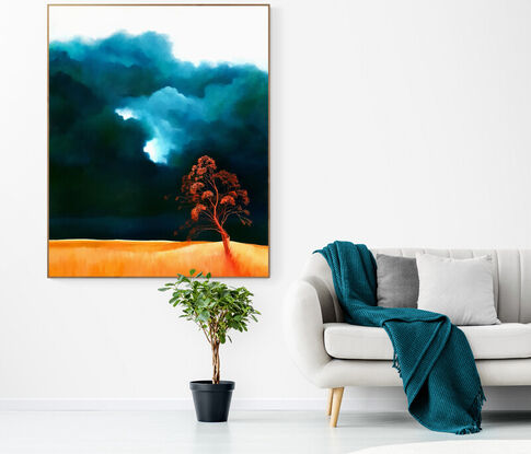 Oil painting,  landscape, extra large, portrait orientation, statement art, landscape of rich aqua, blue and green clouds set above a warm orange and yellow landscape, with a bright red tree in the foreground