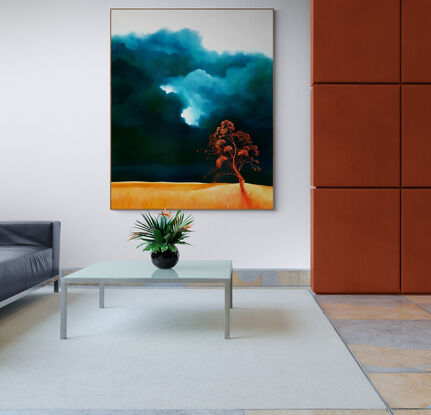 Oil painting,  landscape, extra large, portrait orientation, statement art, landscape of rich aqua, blue and green clouds set above a warm orange and yellow landscape, with a bright red tree in the foreground