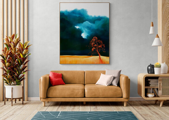 Oil painting,  landscape, extra large, portrait orientation, statement art, landscape of rich aqua, blue and green clouds set above a warm orange and yellow landscape, with a bright red tree in the foreground