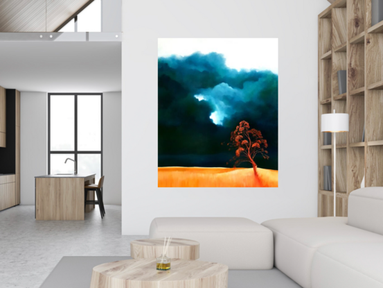 Oil painting,  landscape, extra large, portrait orientation, statement art, landscape of rich aqua, blue and green clouds set above a warm orange and yellow landscape, with a bright red tree in the foreground