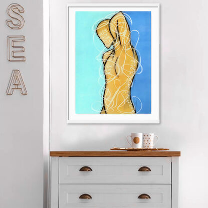 Contemporary abstract minimalist figurative male art drawing by Sabina D'Antonio, with turquoise, neutral, and blue colours.