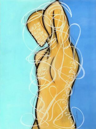 Contemporary abstract minimalist figurative male art drawing by Sabina D'Antonio, with turquoise, neutral, and blue colours.