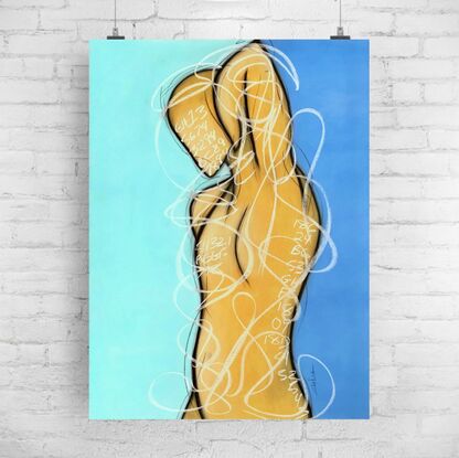 Contemporary abstract minimalist figurative male art drawing by Sabina D'Antonio, with turquoise, neutral, and blue colours.