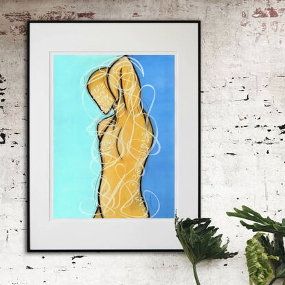 Contemporary abstract minimalist figurative male art drawing by Sabina D'Antonio, with turquoise, neutral, and blue colours.