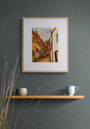 artwork which shows a view of looking up through a narrow steep village street

