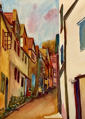 artwork which shows a view of looking up through a narrow steep village street

