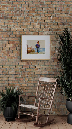 artwork which shows a woman walking up a fenced off path from the shore 

