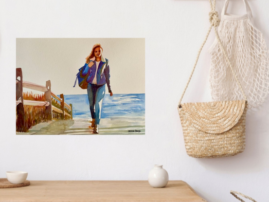 artwork which shows a woman walking up a fenced off path from the shore 

