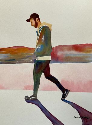 artwork which shows a young man walking along with his hands in his hoody pockets
