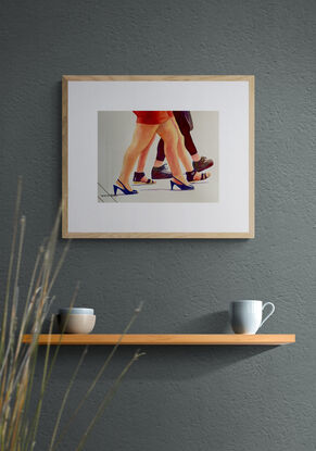 artwork which is the image of three women's legs and fashionable shoes as they walk along
