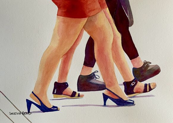 artwork which is the image of three women's legs and fashionable shoes as they walk along
