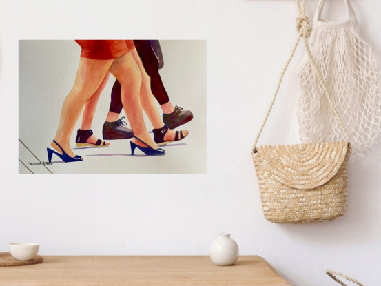 artwork which is the image of three women's legs and fashionable shoes as they walk along
