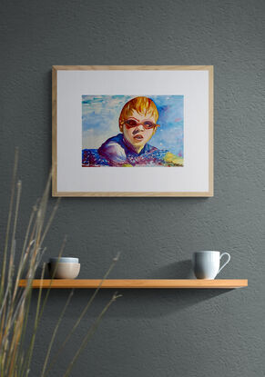 artwork which is the image of a boy swimming wearing goggles 
