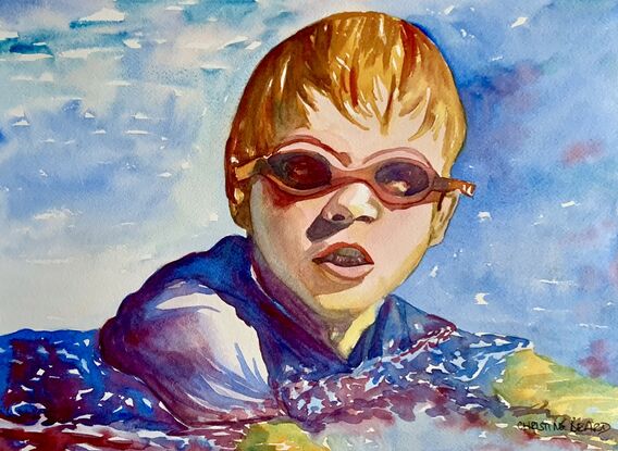 artwork which is the image of a boy swimming wearing goggles 
