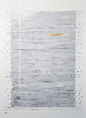 White fingerprint dot patterns over laying grey layers in a rectangle over white border space.